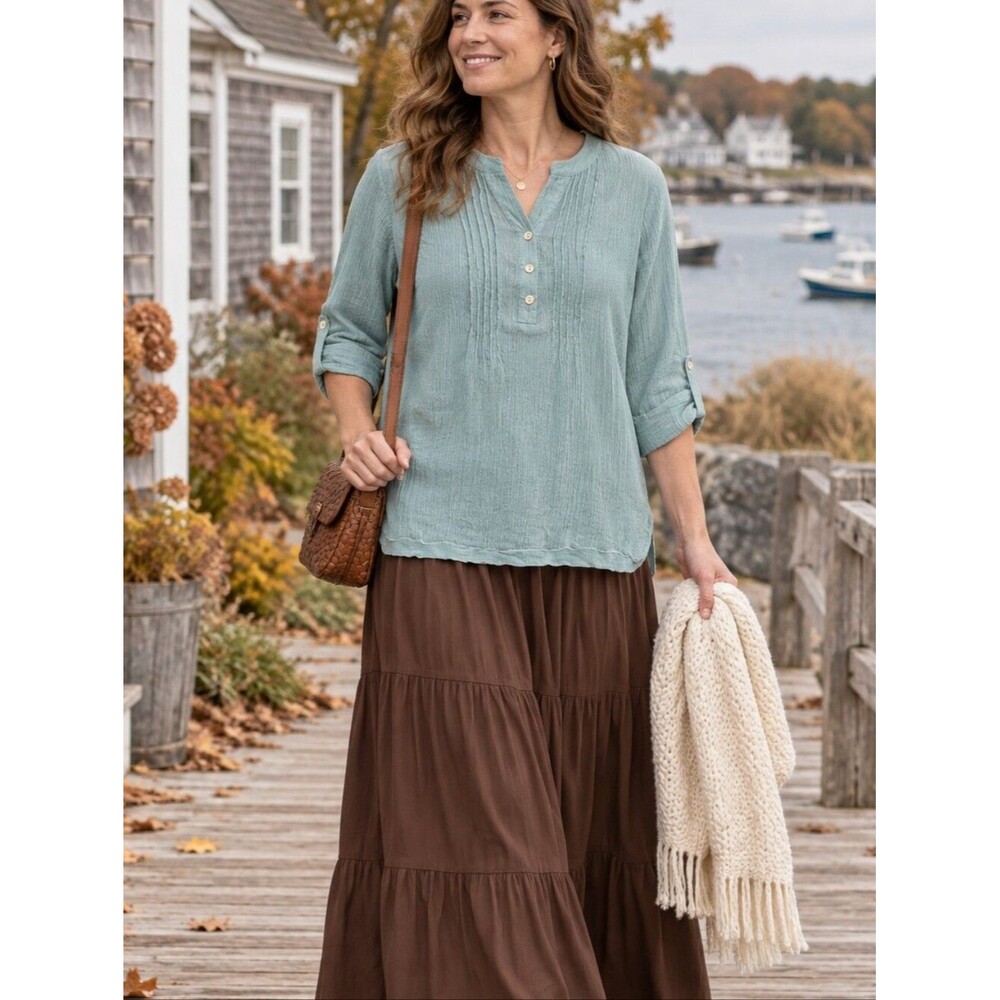 Kim Rogers Curvy Textured Seafoam Blouse 2X Crinkle Tunic V Neck 3/4 Sleeve Boho